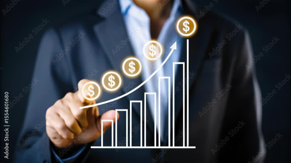 Aufkleber businessman in suit pointing at glowing upward graph with dollar symbols, symbolizing financial grow