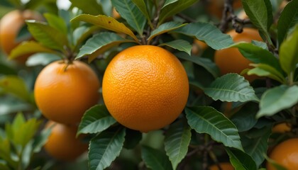 Close-Up of Vibrant Orange Tree – Ripe Citrus Fruits Hanging Among Lush Green Leaves, Capturing Freshness, Natural Beauty, and Orchard Abundance