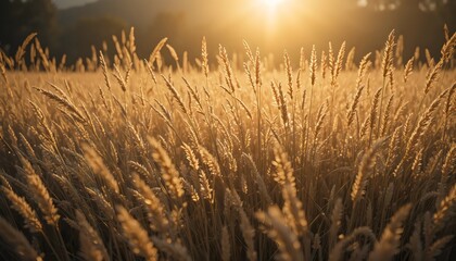 Golden Sunlight Glowing Through Swaying Tall Dry Grasses – Serene Nature Scene Capturing Warm Light, Tranquil Atmosphere, and Rustic Beauty