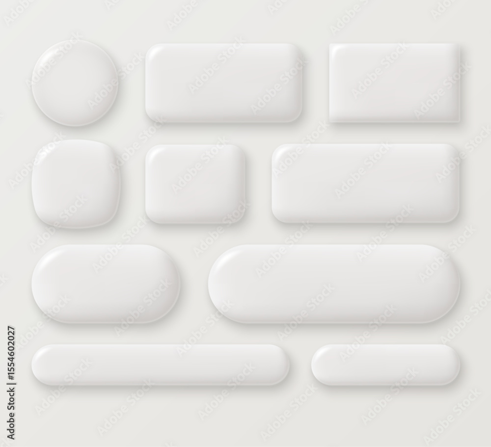 Poster set of white blank glossy monochrome buttons of different shapes in 3d style. round, square and rect