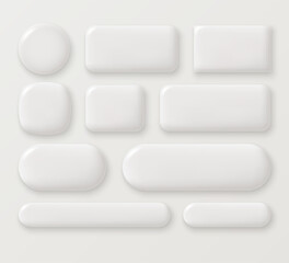 Set of white blank glossy monochrome buttons of different shapes in 3D style. Round, square and rectangular icons or frames. Vector illustration.