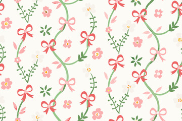 Floral trellis seamless pattern with bows and ribbons. Preppy spring summer hand drawn flowers. Botanical elegant trendy print. Vintage design for fabric, wallpaper or wrapping paper