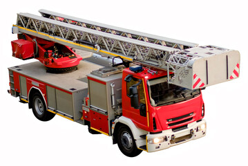 Red Fire Truck with Extended Ladder Isolated on White Background