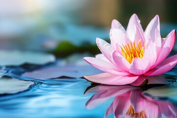 Beautiful pink lotus flower blooming on calm water surface with gentle reflections and soft natural background. Copy space