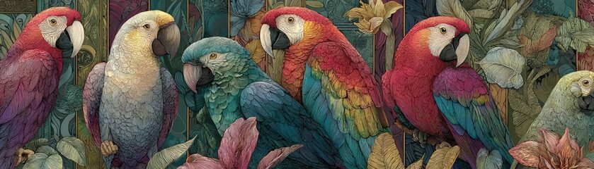 Fototapeta premium A flock of vibrant, tropical parrots with iridescent feathers, painted in vivid watercolors, perched on lush, exotic trees
