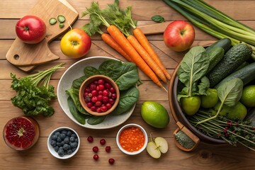 Fresh organic vegetables on a rustic wooden table, perfect for a healthy salad or meal