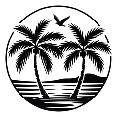 Circular logo featuring detailed black and white palm tree silhouettes

