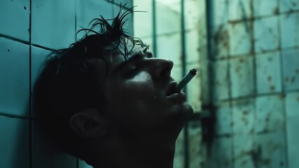 Man with disheveled hair smoking cigarette in rundown bathroom showing desperation and self-destructive behavior of substance abuse. Drug addiction and problems with alcohol and tobacco
