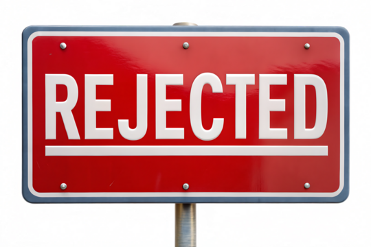 Red rectangular sign with white text R E J E C T E D and a white horizontal line isolated on a transparent background - Powered by Adobe