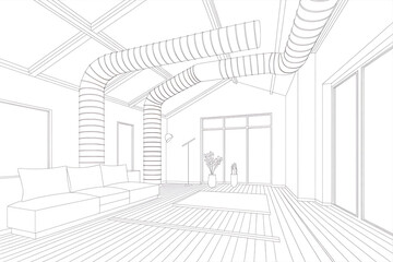 Architectural drawing of a modern interior.
