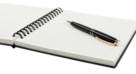 Blank spiral notebook with a black pen. Perfect for business, education, or personal use. Clean, minimalist design ideal for adding text or graphics