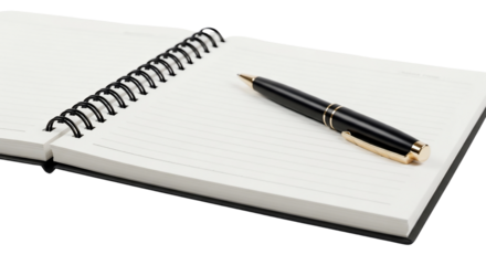 Blank spiral notebook with a black pen. Perfect for business, education, or personal use. Clean, minimalist design ideal for adding text or graphics