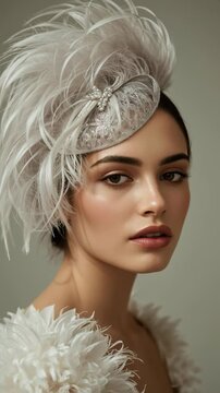 Portrait of a sophisticated woman adorned with a white feathered fascinator featuring intricate details and pearls. She wears a matching outfit with feather accents, exuding elegance and grace