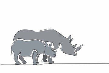 Continuous one line drawing the mother rhino and baby rhino stand. As if walking side by side. Looking for plants or fruit to eat. Save the Rhino Day. Single line draw design vector illustration