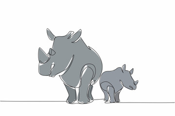 Single one line drawing mother rhino and baby rhino standing side by side and looking to the side. Observing the green safari. Habitat. Save the Rhino Day. Continuous line design graphic illustration