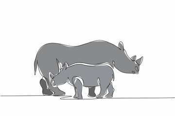 Single continuous line drawing mother rhino and baby rhino standing in opposite directions. Looking for fruit. Foraging season. Pachyderm. Save the Rhino Day. One line design vector illustration