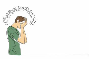 Single one line drawing man cover face with palm with around head tangled thread. Tangled mind. Mentally tired. Fatigue. National Anxiety Screening Day. Continuous line design graphic illustration