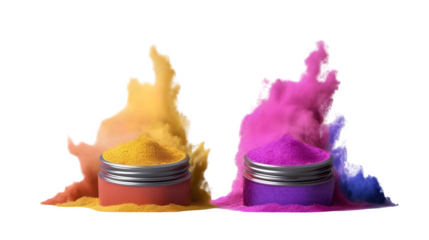 realistic Holi festival mockup, front view with colorful powders, isolated on transparent background