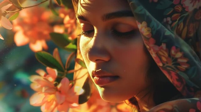 Beautiful woman with floral headscarf in golden paradise light representing Jannah, the Islamic heaven, surrounded by blooming flowers and divine radiance