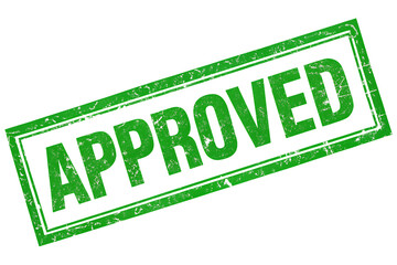 Green distressed stamp with the word Approved and a purple border isolated on a transparent background
