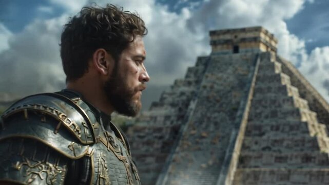 
Spanish conquistador in ornate armor gazing at ancient Mayan pyramid temple under dramatic cloudy sky representing encounter between European and indigenous civilizations