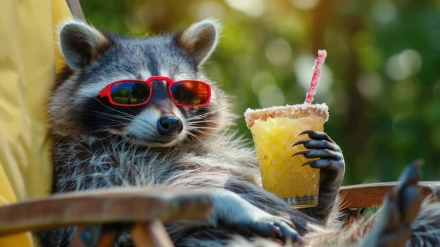 A playful raccoon enjoying a refreshing drink while wearing trendy sunglasses