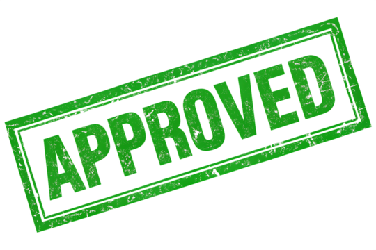 Green distressed stamp with the word Approved and a purple border isolated on a transparent background