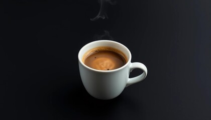 Fototapeta premium A steaming cup of coffee sits on a black background, leaving ample space above , flat lay, mockup