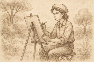artist painting a picture. This sepia-toned hand-drawn illustration depicts a serene outdoor scene featuring a young female artist engrossed in her craft. Seated on a simple wooden stool, she sketches