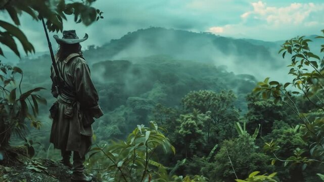 Spanish explorer in period costume surveying lush tropical American landscape during colonial expedition to New World territories with mountains and dense vegetation