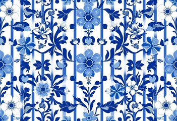 Abstract blue and white floral stripes, Mediterranean style seamless vector pattern,  digital,  fabric