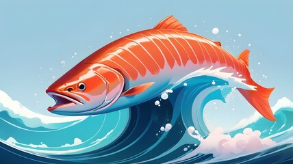 Vibrant Salmon Jumping Over Waves Illustration