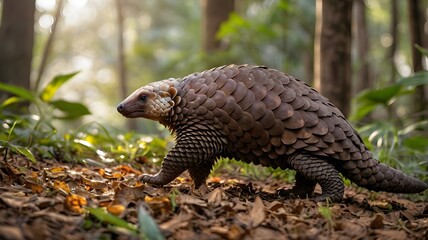 Pangolin Walking Through Lush Forest Environment