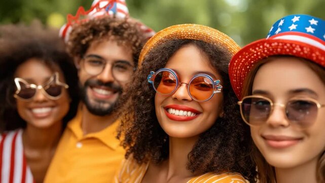 Group of young friends summer outfits and sunglasses, wearing festive hats, smiling and celebrating outdoors with their group of happy people, expressing friendship, joy, and celebration vibrant