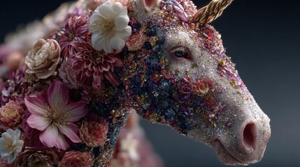Craft a mesmerizing 3D CGI visualization of a mystical unicorn, adorned with shimmering crystals and vibrant flora