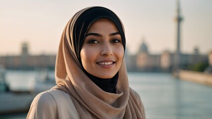 Smiling Woman in Hijab Near Water Background