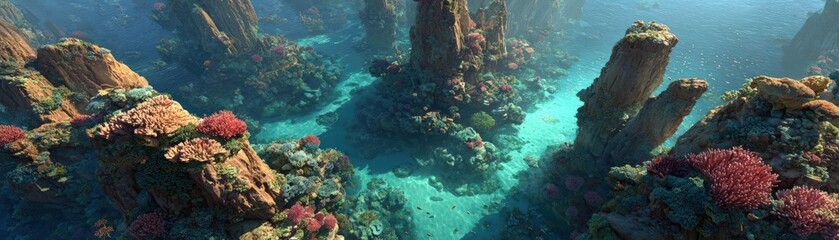 Craft a mesmerizing Ocean Reef from a Birds-eye view, highlighting the vivid marine life and intricate coral formations with Photorealistic precision