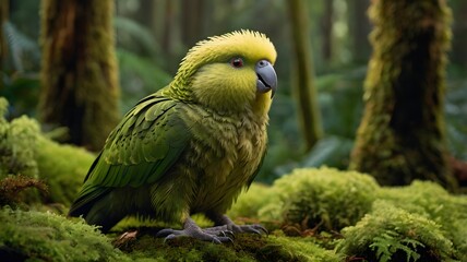 Kakapo Parrot Sitting on Mossy Forest Floor

