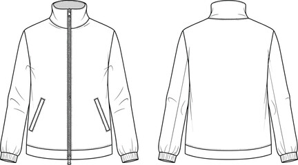Zip up bomber jacket flat sketch, front and back view, cad fashion vector illustration, technical drawing with pockets and ribbed cuffs