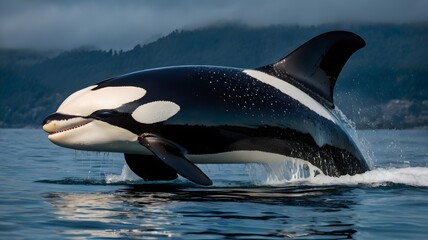 Orca Breaching Ocean Surface in Natural Habitat

