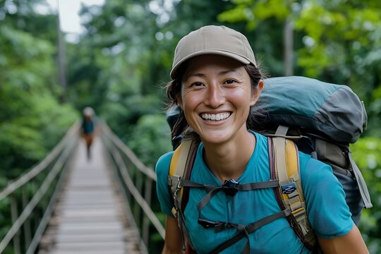 Happy female hiker on suspension bridge in lush jungle