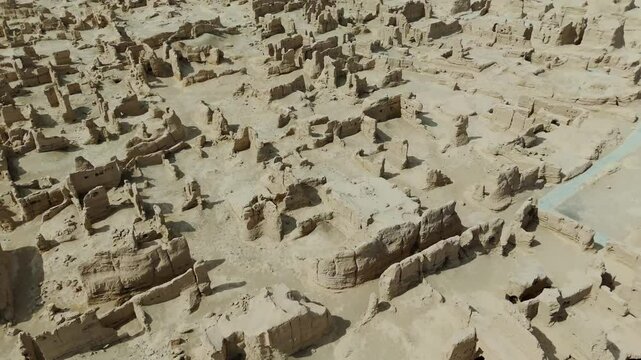 Aerial view of Xinjiang Jiaohe Ruins Ancient City in China Tupan drone unesco archaeologic site