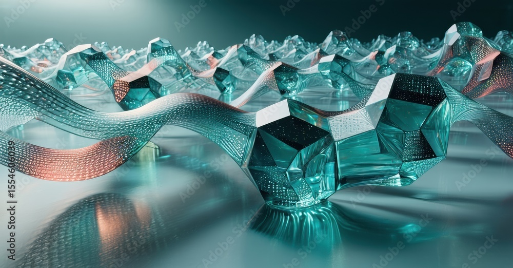 Poster abstract crystalline structures, teal hues, flowing lines. reflective surface creates dynamic visual