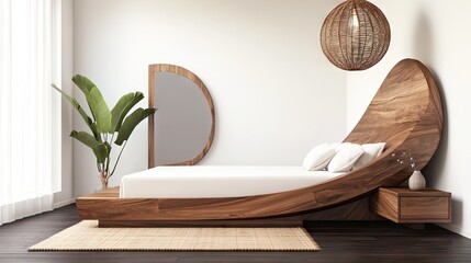 Modern wooden bed with natural elements in a minimalist bedroom.