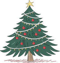 Vibrant Green Christmas Tree with Lights and Decorations  Child Friendly Cartoon Holiday Art in Simple Style