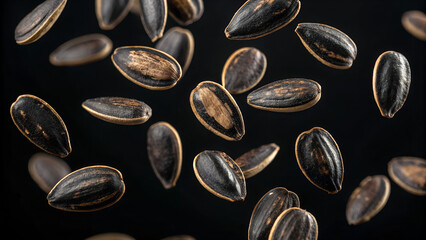 A studio shot shows a group of sunflower seeds scattered on a black background