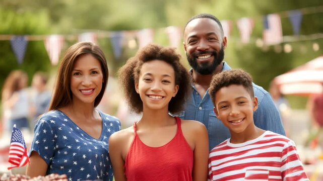 Smiling family outdoors at summer celebration with American flag, festive decorations, and happy togetherness, enjoying picnic in park, showing joy, unity, and patriotic spirit on sunny day - Powered by Adobe