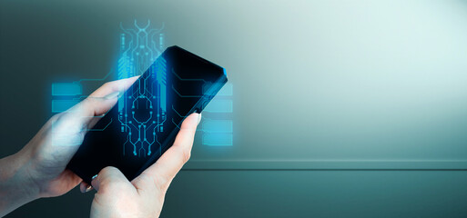 hand of businessman interactive touching a holographic of transaction financial network data...