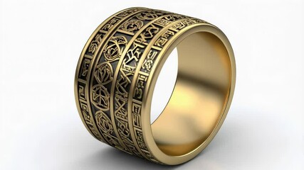 Intricate gold band ring with carved symbols and ornaments, creating an ancient artifact design on bright white background with soft shadows. - Powered by Adobe