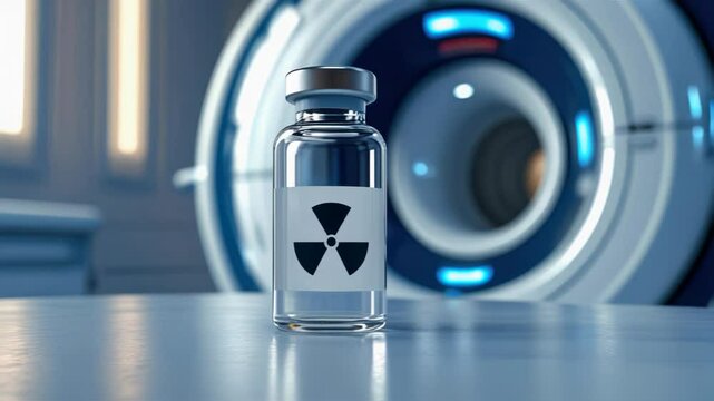 Glass vial labeled with a radioactive symbol placed on a reflective surface, with a futuristic medical imaging machine in the background, symbolizing nuclear medicine.